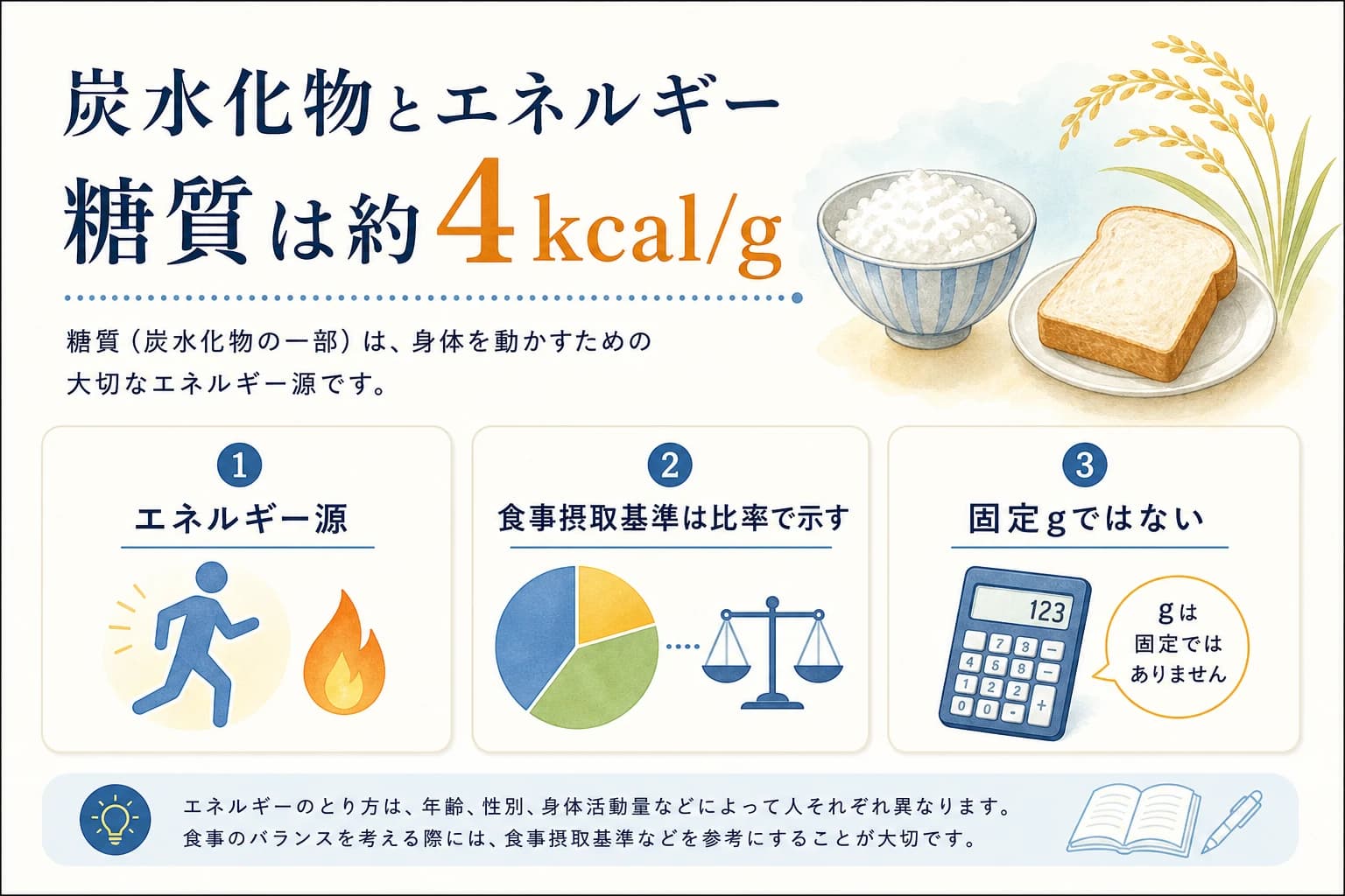糖質が約4kcal毎gであり食事摂取基準は比率で示されることを説明する図