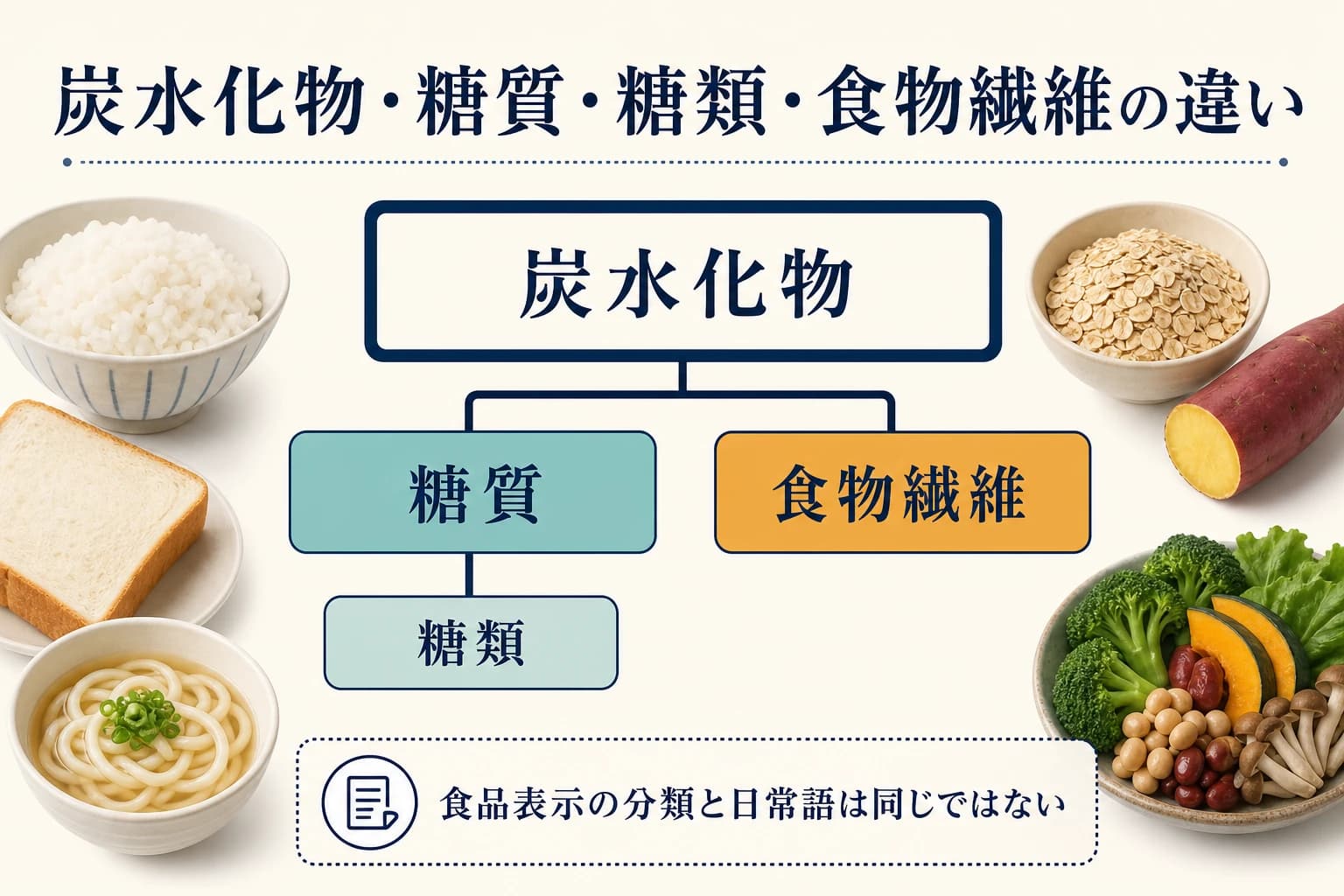 炭水化物、糖質、糖類、食物繊維の食品表示上の関係を整理する図