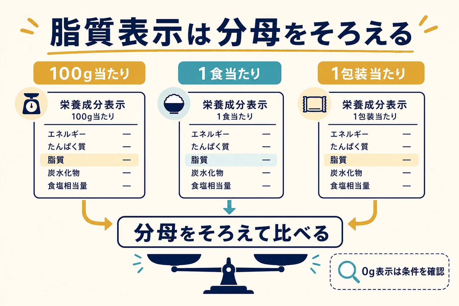 脂質表示を100g当たり、1食当たり、1包装当たりで分母をそろえて比較する図