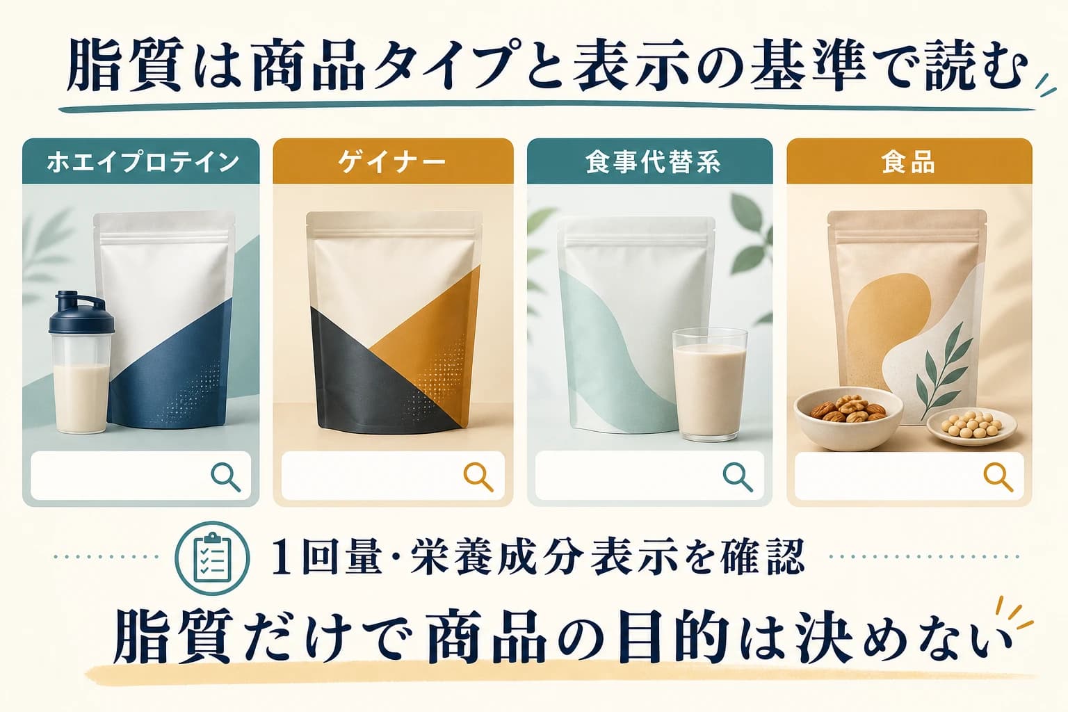 ホエイプロテイン、ゲイナー、食事代替系、食品で脂質表示の基準を確認する図