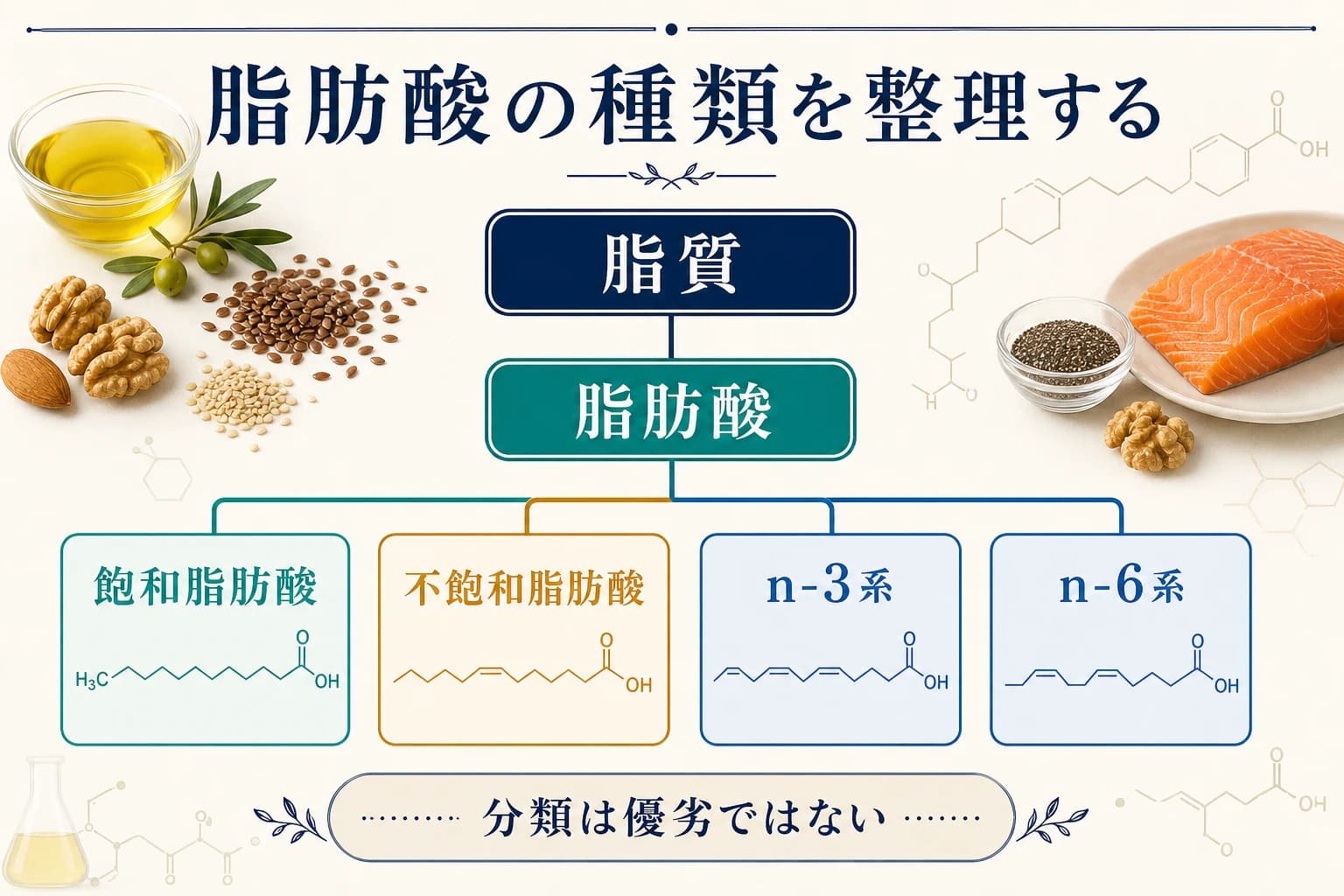 脂質と脂肪酸、飽和脂肪酸、不飽和脂肪酸、n-3系、n-6系の分類を整理する図
