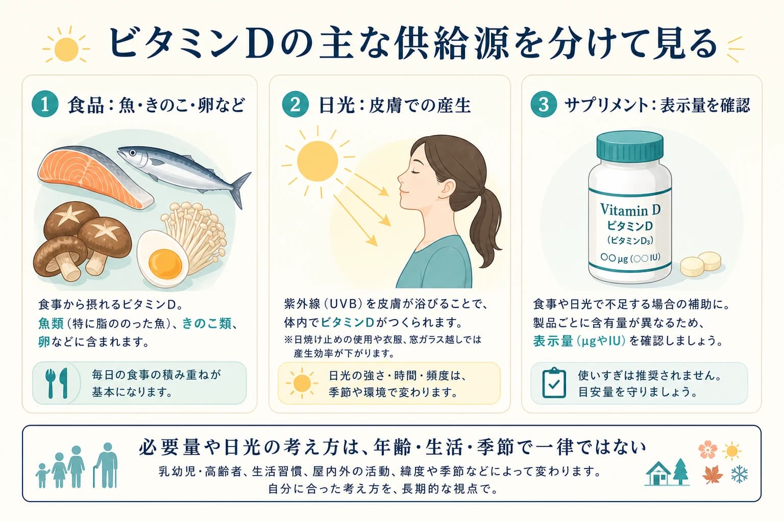 ビタミンDの食品、日光、サプリメントの供給源を分けて見る図