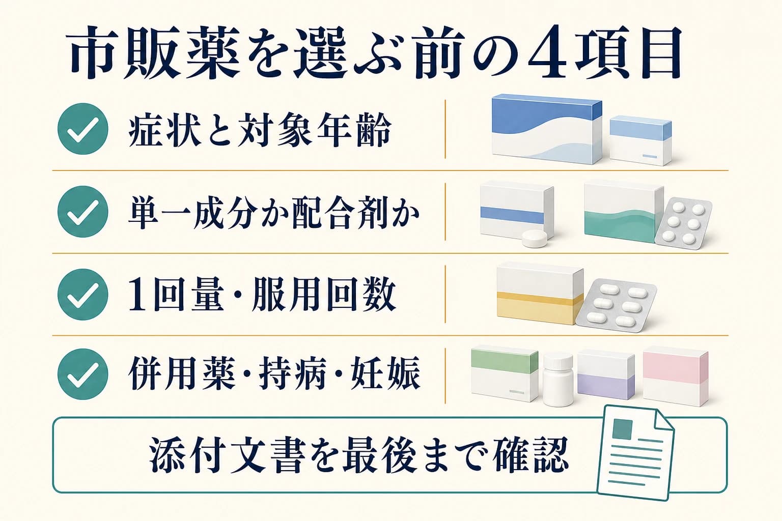 市販薬を選ぶ前に症状、年齢、配合、用法、併用薬を確認する図