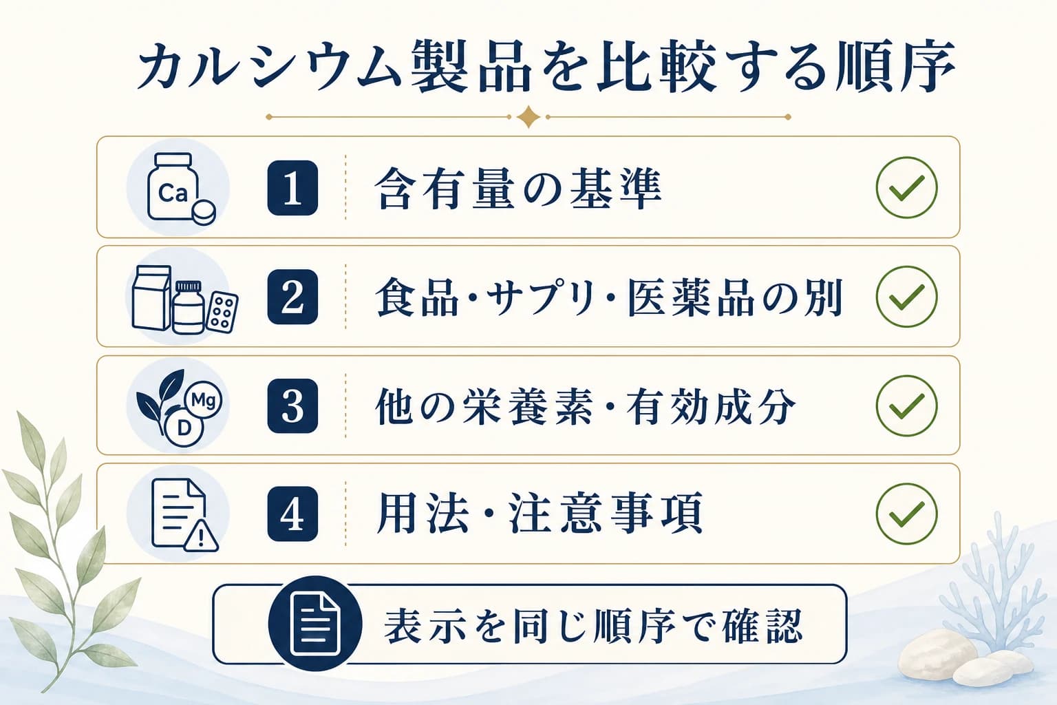 カルシウム製品を含有量の基準、商品区分、成分、注意事項の順に比較する図