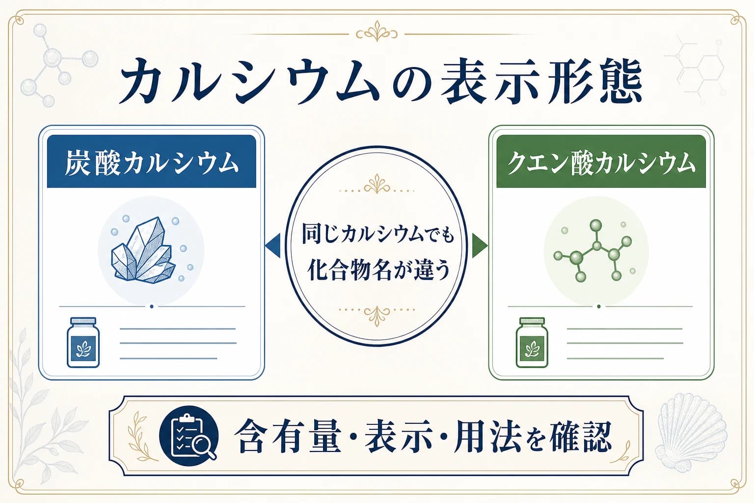 炭酸カルシウムとクエン酸カルシウムが異なる化合物名で表示されることを示す図