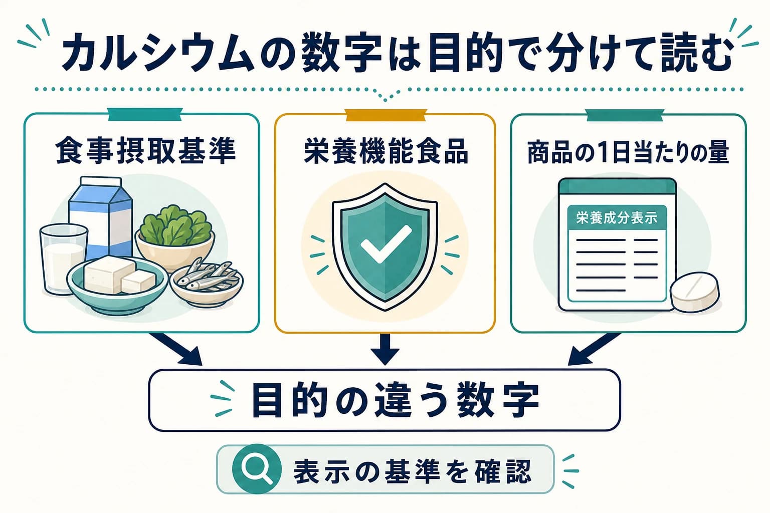カルシウムの食事摂取基準、栄養機能食品、商品表示の数値を分けて読む図