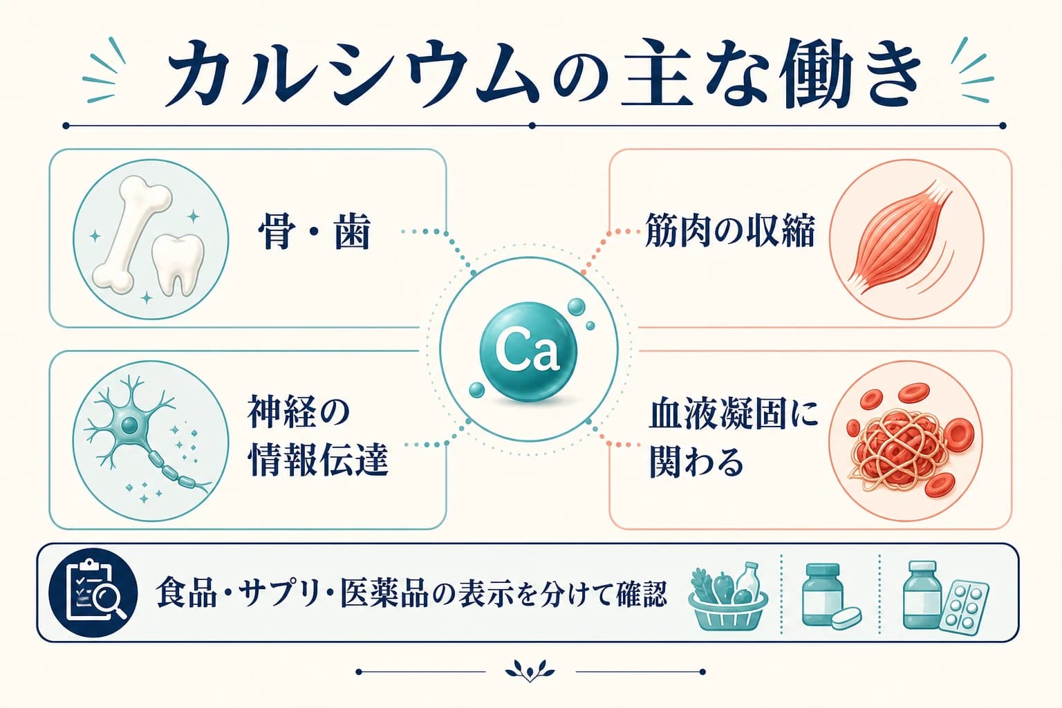 カルシウムが骨や歯、筋肉、神経、血液凝固に関わることを示す図