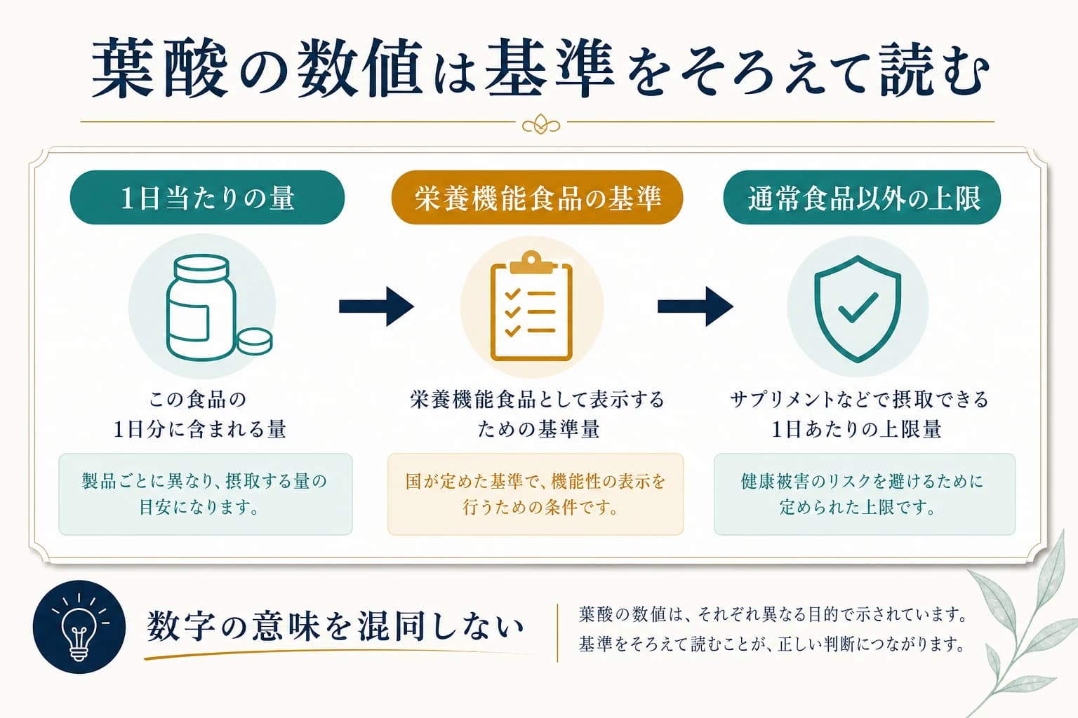 葉酸の1日当たり量、栄養機能食品の基準、通常食品以外の上限を分けて読む図