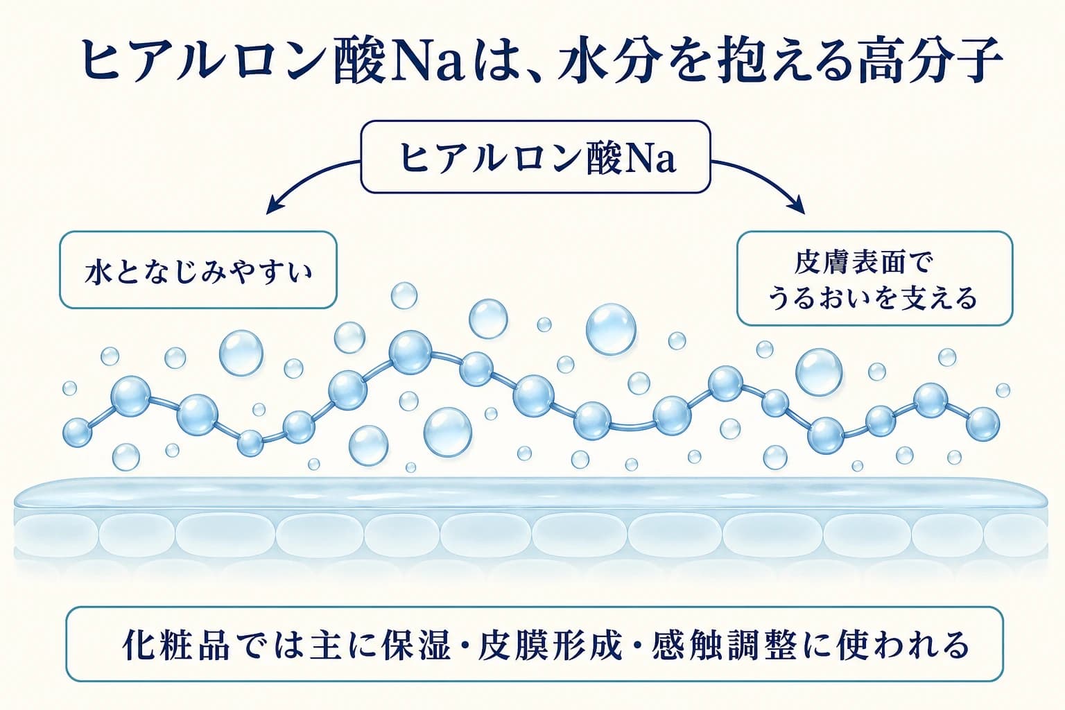ヒアルロン酸Naが水になじみ、皮膚表面でうるおいを支える仕組みを示す図解