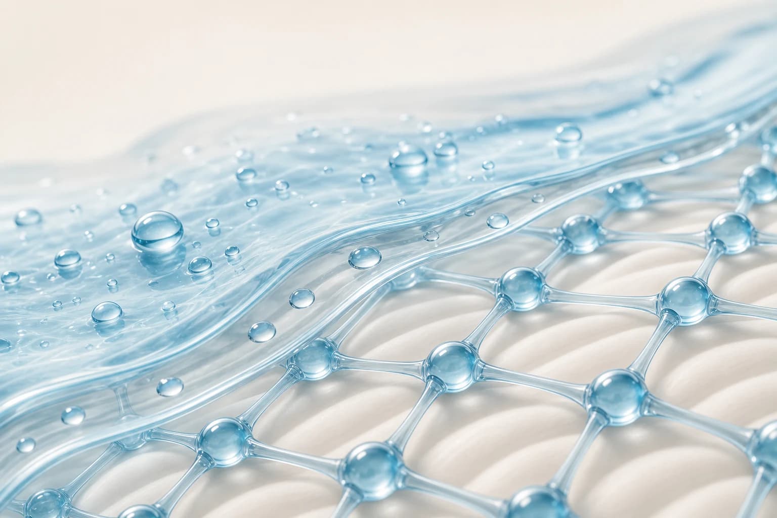 水分を含む透明な高分子のフィルムとネットワークを描いた概念図