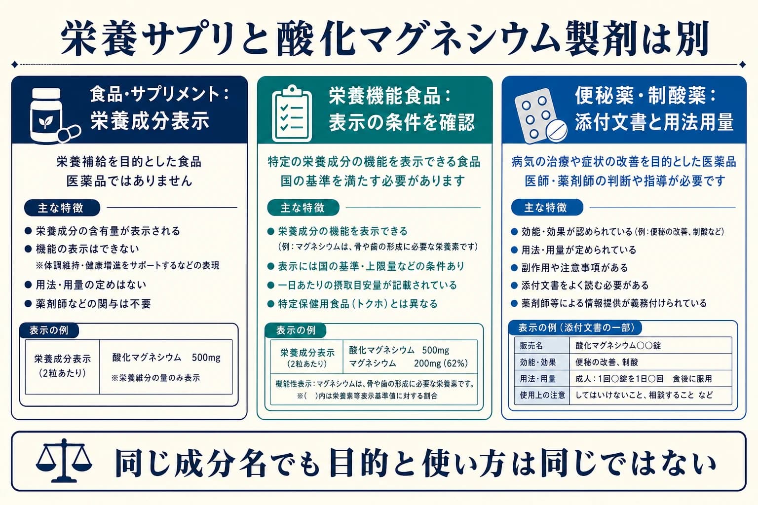 栄養サプリメントと酸化マグネシウムの便秘薬・制酸薬を分けて確認する図