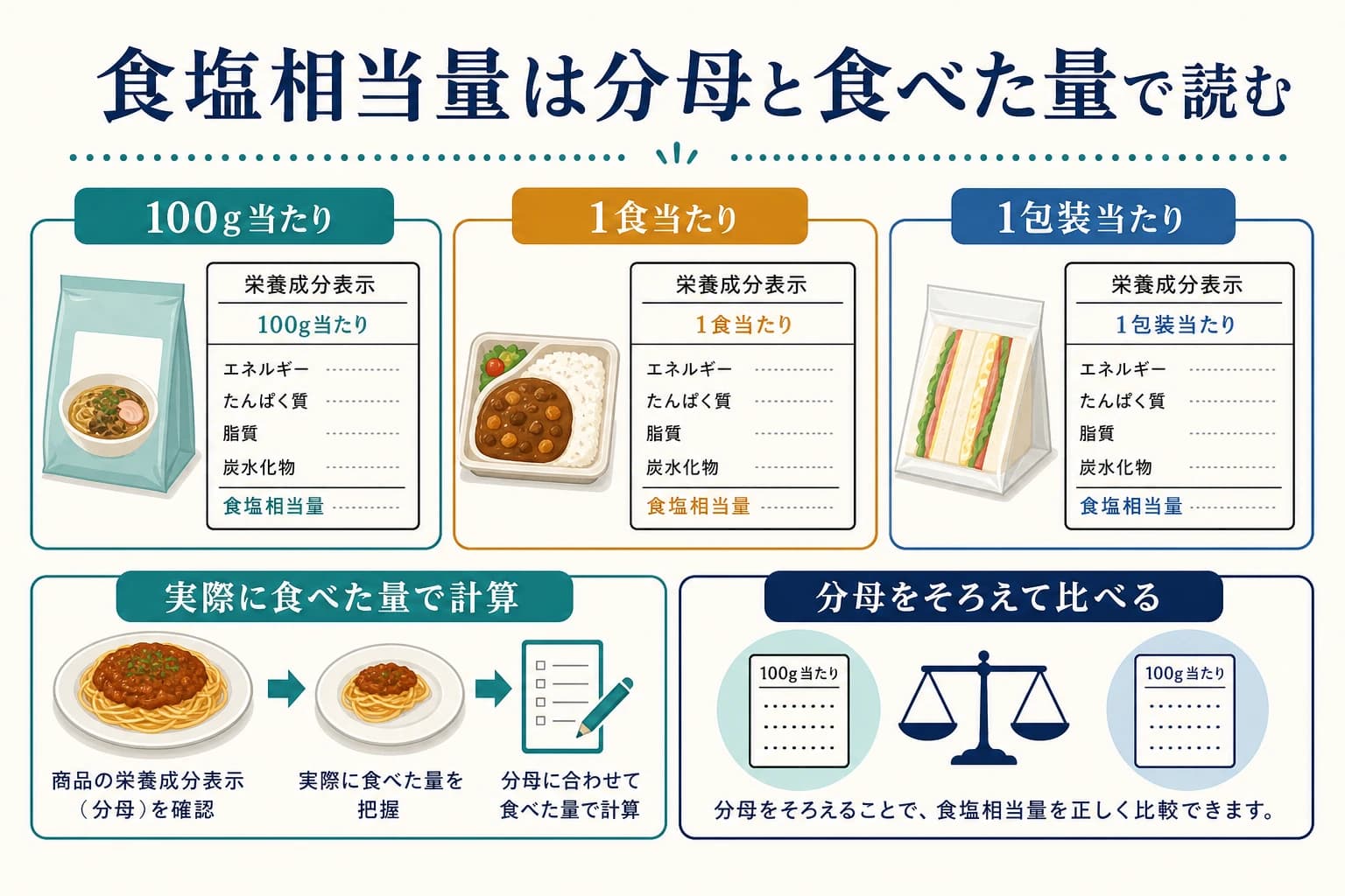 食塩相当量を100g、1食、1包装当たりと実際に食べた量で読む図