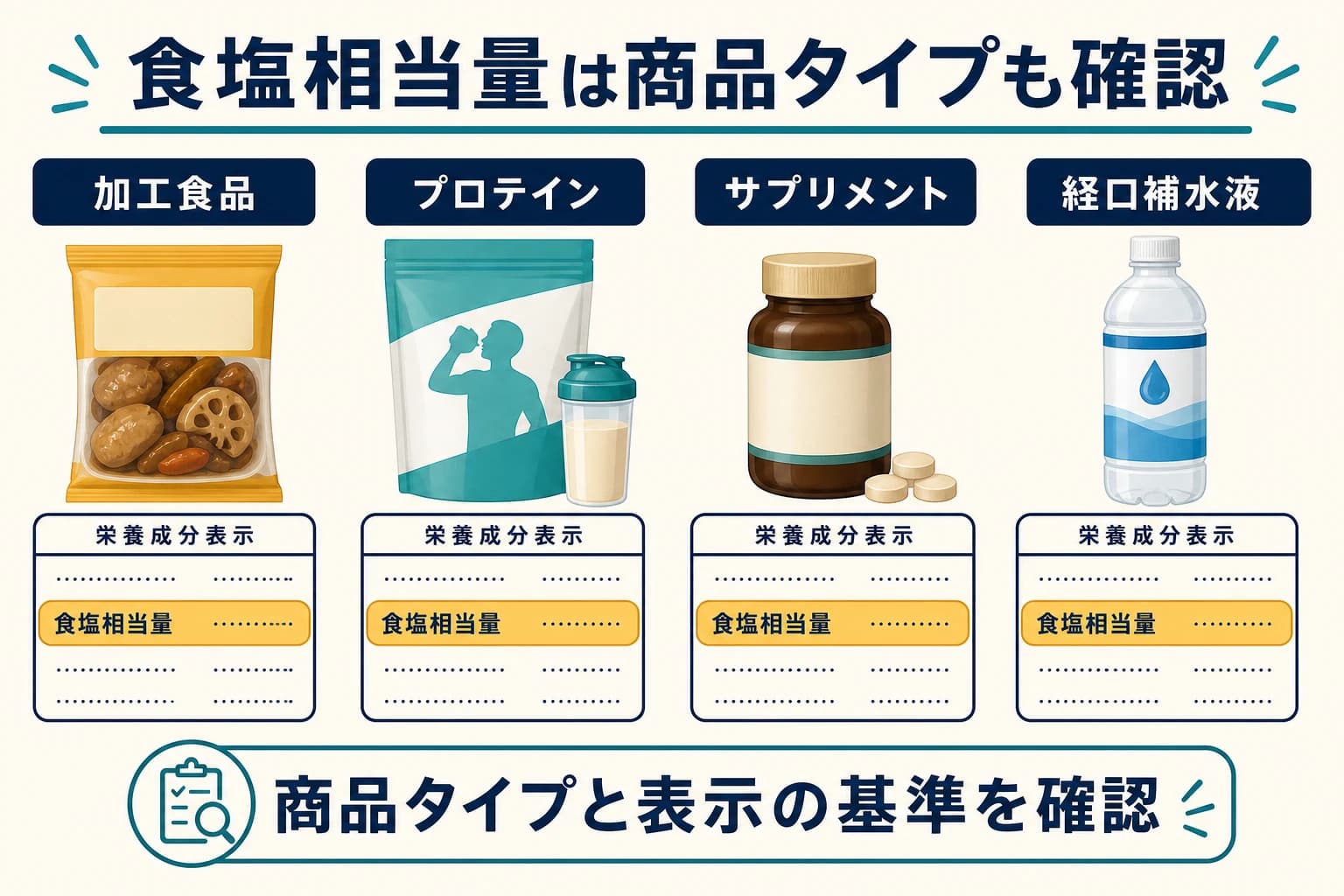 加工食品、プロテイン、サプリメント、経口補水液で食塩相当量表示を確認する図