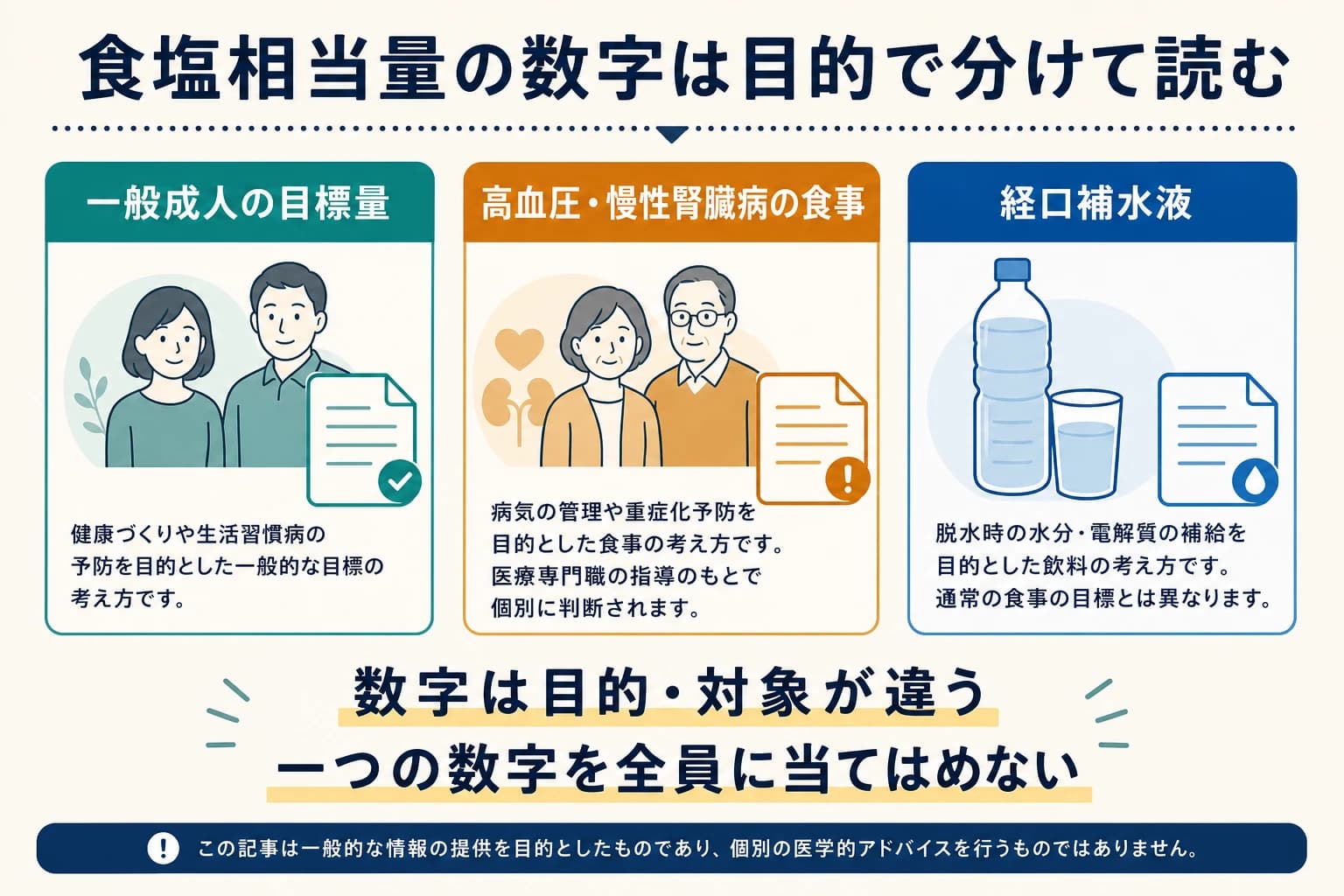 一般成人の目標量、高血圧・慢性腎臓病の食事、経口補水液で数字の目的と対象が異なることを示す図