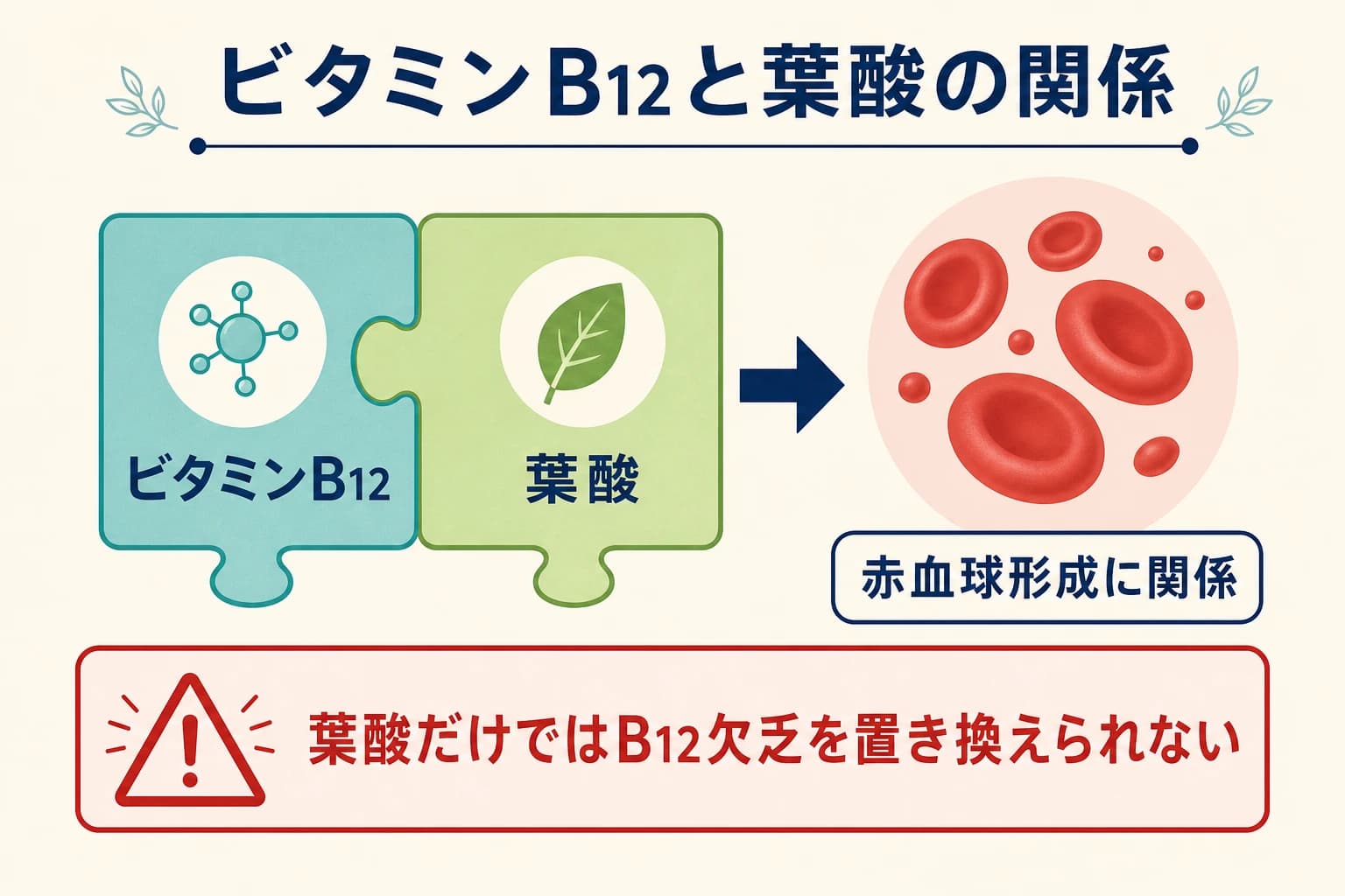 ビタミンB12と葉酸が赤血球形成に関係し、葉酸だけではB12欠乏を置き換えられないことを示す図