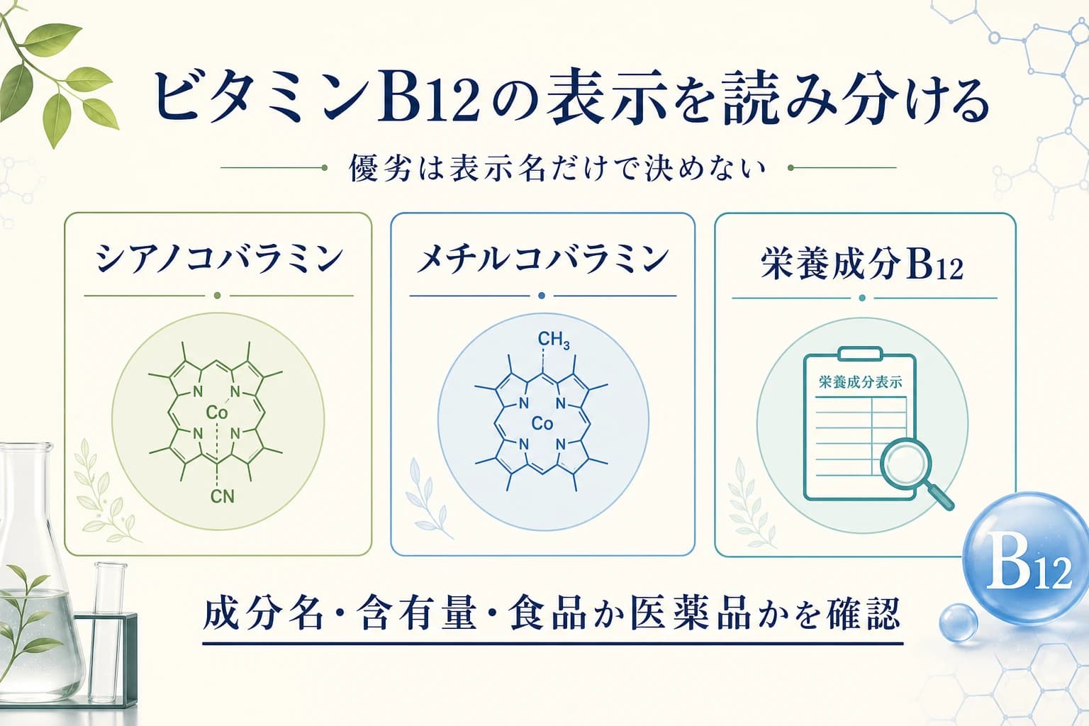 シアノコバラミン、メチルコバラミン、栄養成分B12の表示を読み分ける図