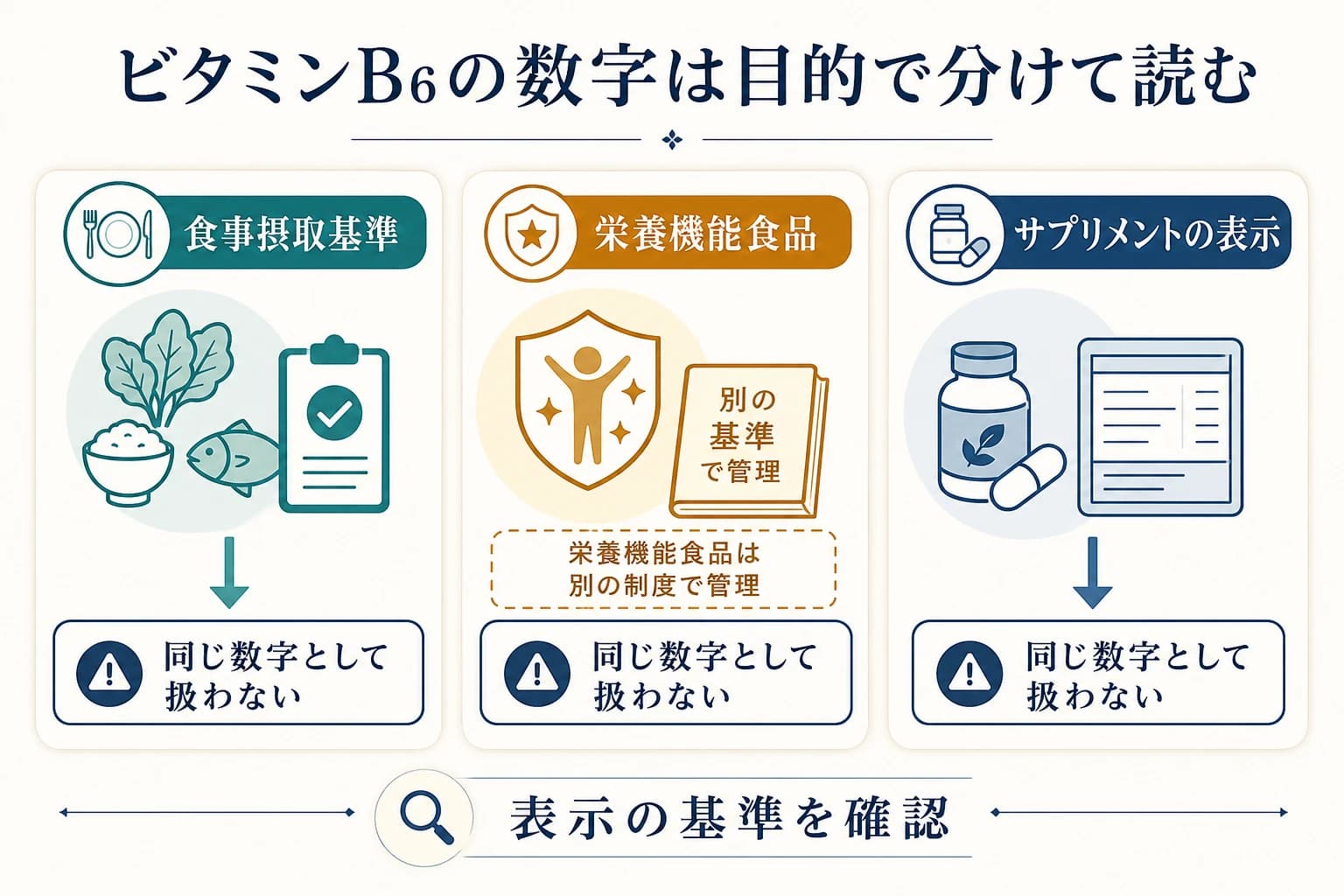 ビタミンB6の食事摂取基準、栄養機能食品、商品表示の数値を分けて読む図