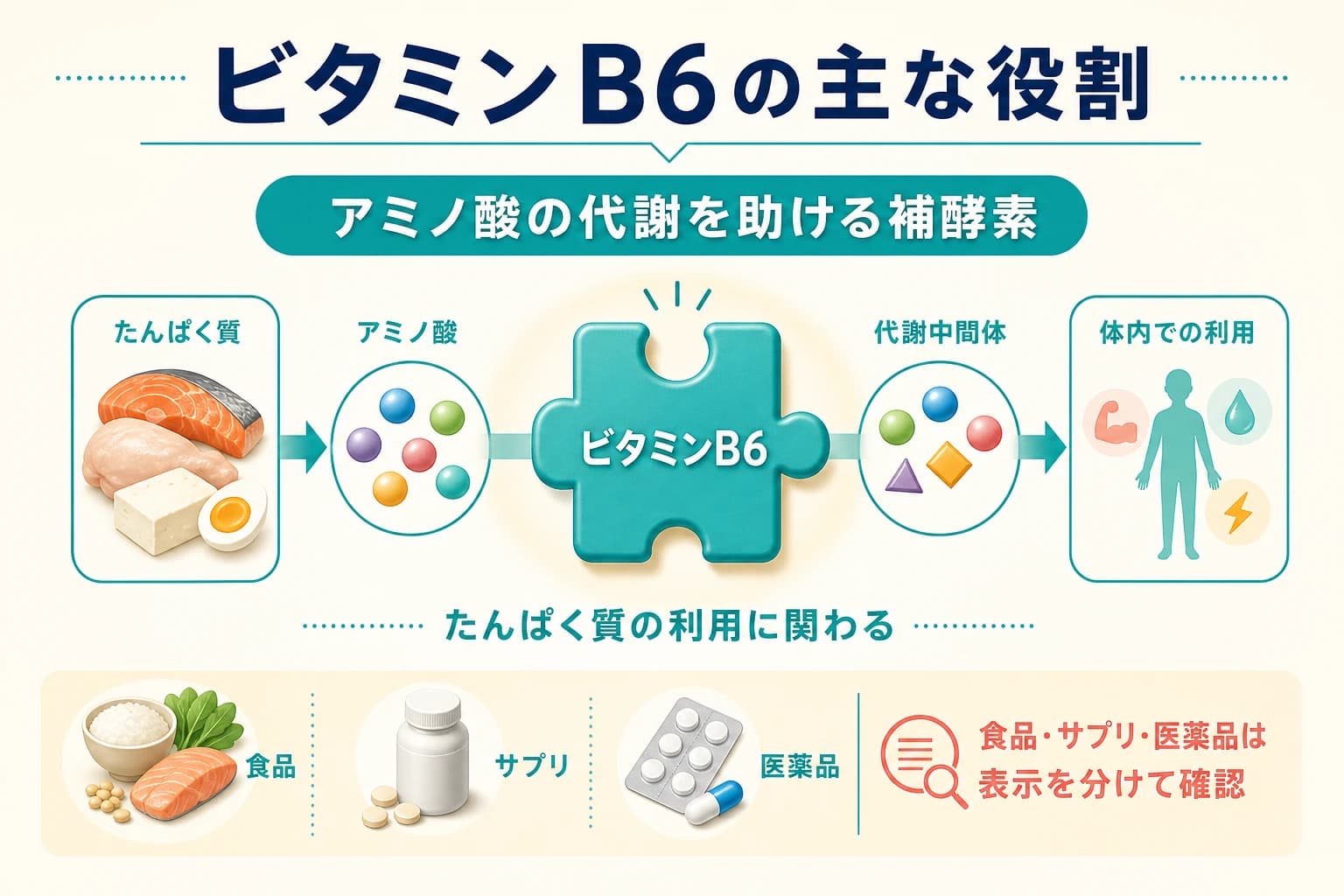 ビタミンB6がアミノ酸代謝に関わる補酵素として働くことを示す図
