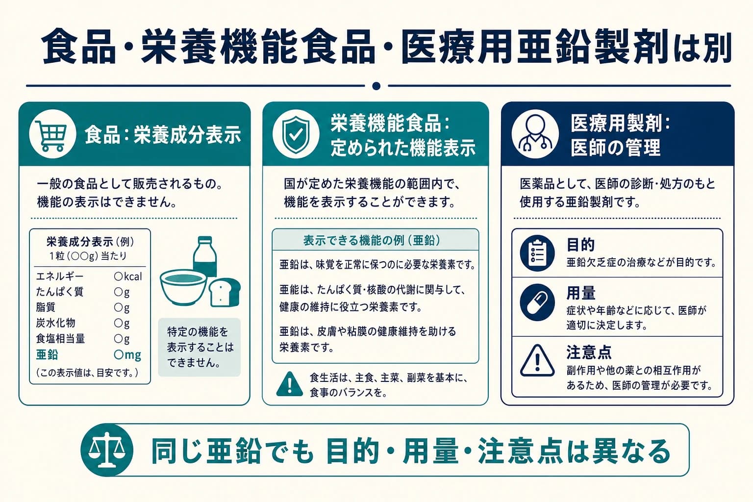 食品、栄養機能食品、医療用亜鉛製剤を分けて確認する図